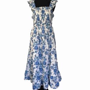 Hippie Bohemian Cottagecore Blue and White Floral Midi Dress Cotton